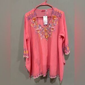 Johnny Was Rosetta Tunic Pink Embroidered Boho Blouse Top Size XL NWT